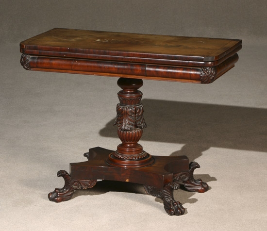 Appraisal: Classical Ebonized Wood and Crossbanded Mahogany Fold-Top Card Table Philadelphia