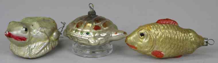 Appraisal: FROG FISH TURTLE GLASS ORNAMENTS Germany three blown glass Christmas