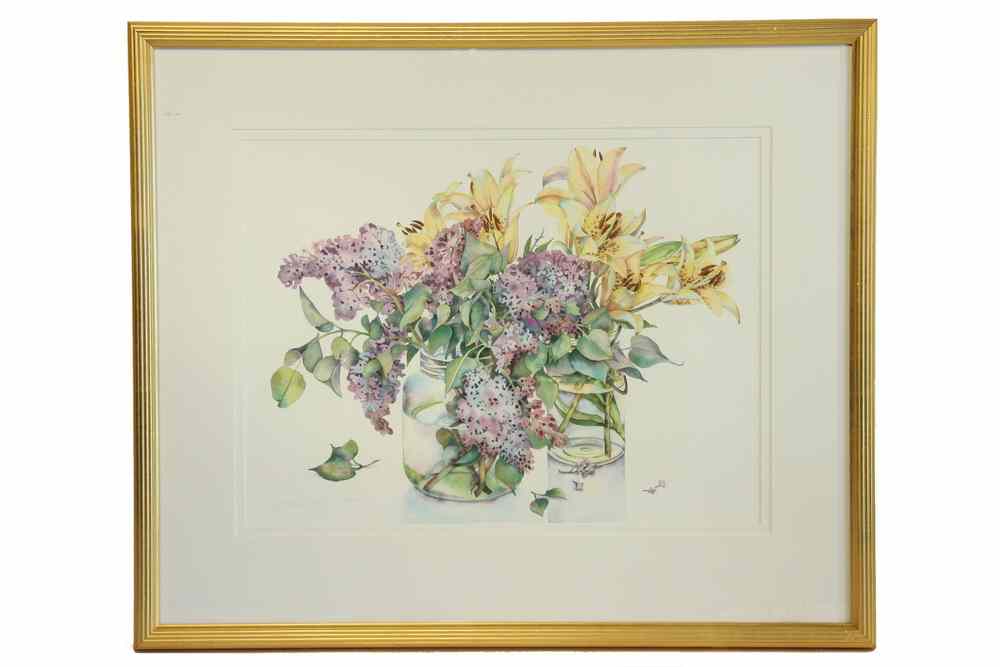 Appraisal: PRINT - Lavender hydrangea and yellow lilies in glass jars