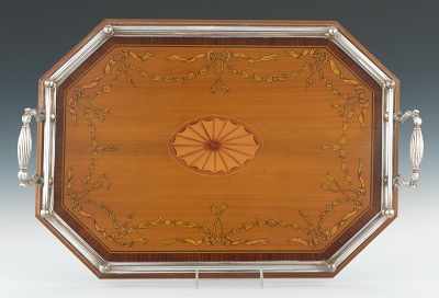 Appraisal: Octagonal Serving Tray with Gallery Elongated octagonal wooden tray with