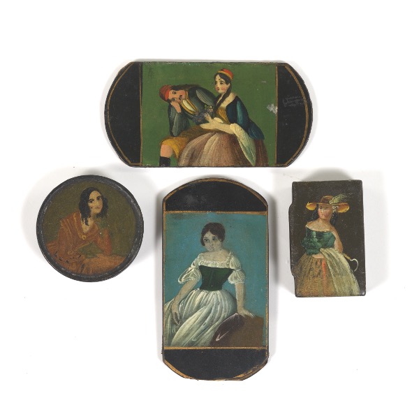 Appraisal: FOUR VICTORIAN PAPIER-M CH HAND PAINTED TOBACCO SNUFF BOXES AND