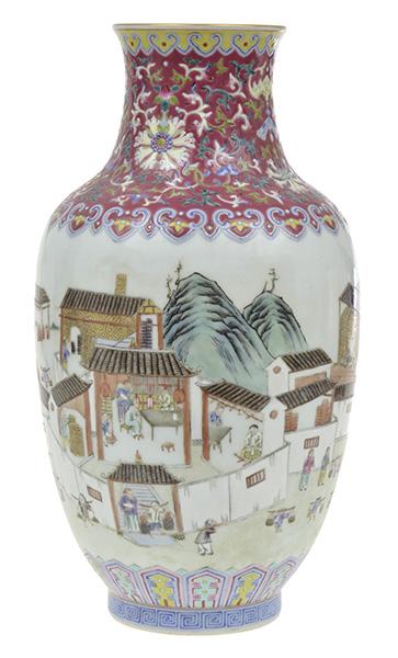 Appraisal: AN ENAMELLED FAMILLE ROSE VASE DEPICTING THE CITY OF JINGDEZHEN