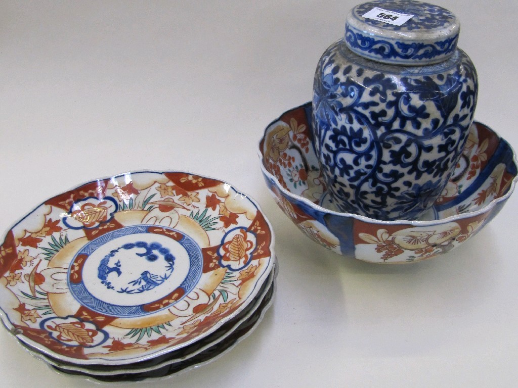 Appraisal: Imari bowl and three plates and a blue and white