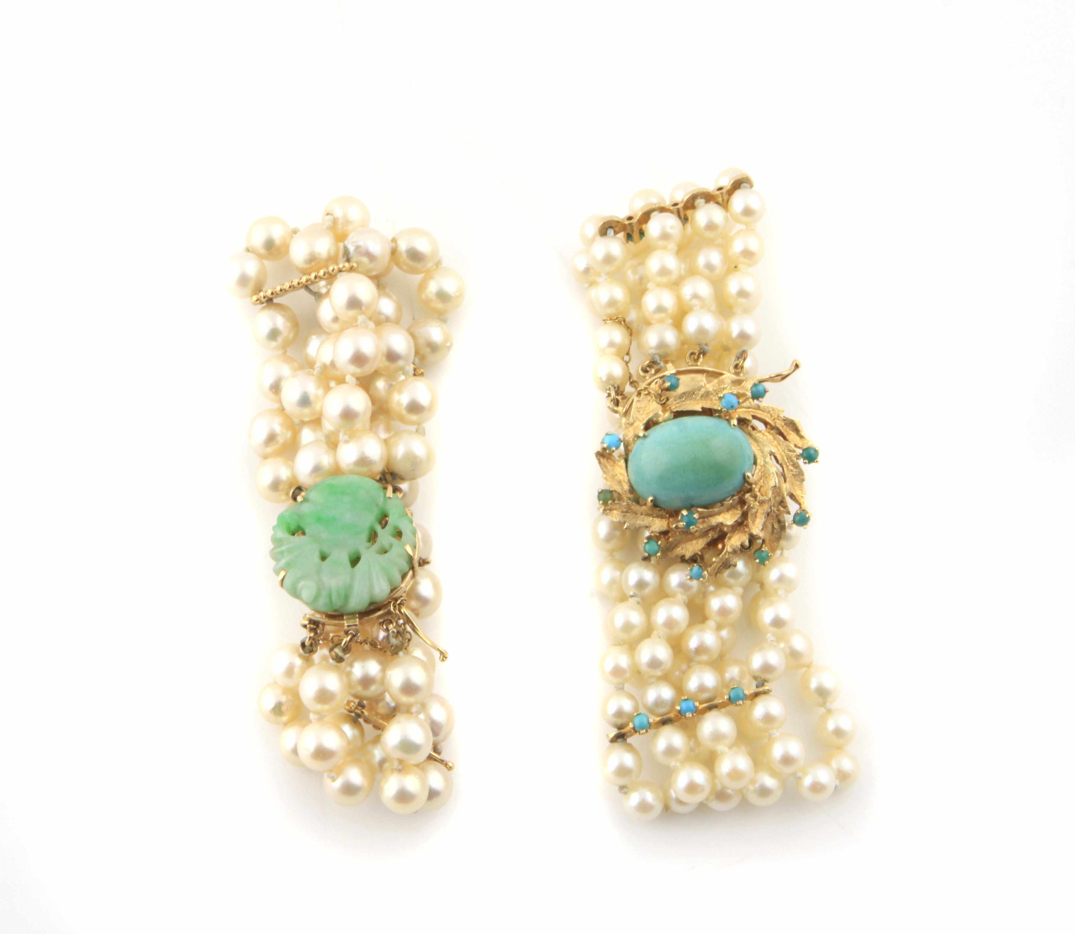 Appraisal: A group of two cultured pearl turquoise jade and gold