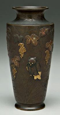 Appraisal: Japanese bronze gilt metal vase rouleau shape carved grapevine and