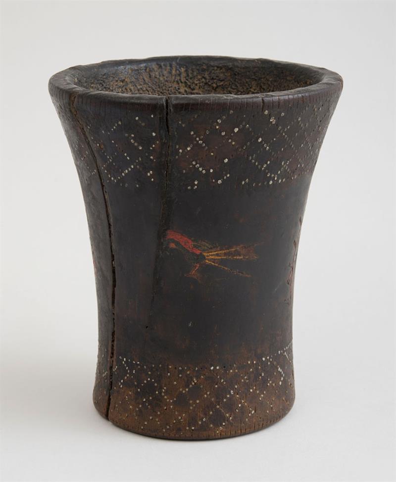 Appraisal: AFRICAN METAL-MOUNTED AND PAINTED WOODEN BEAKER-FORM VESSEL x x in