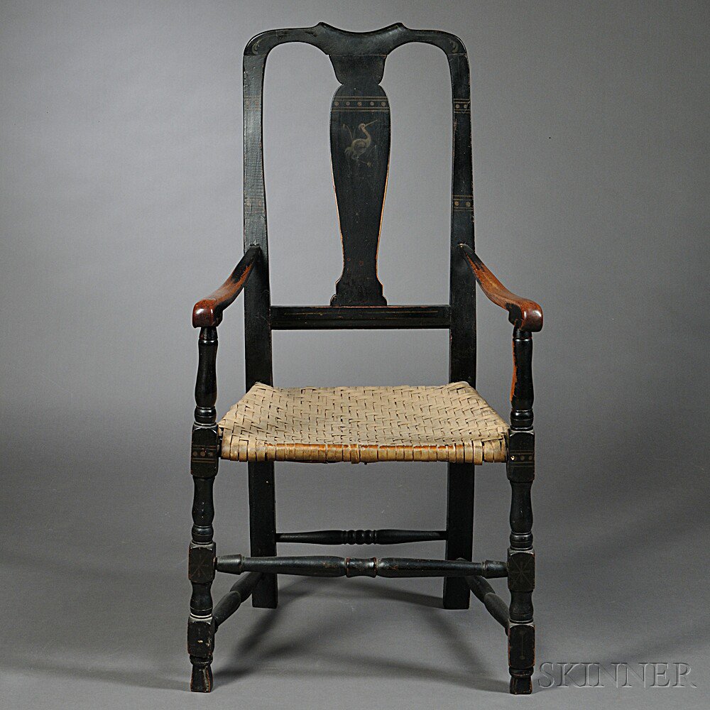 Appraisal: Black-painted Armchair New England mid- th century the yoked crest