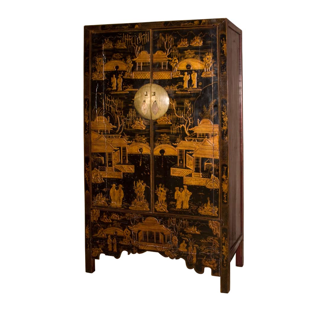 Appraisal: Chinese Style Gold Decorated Black Lacquered Cabinet Height feet inches