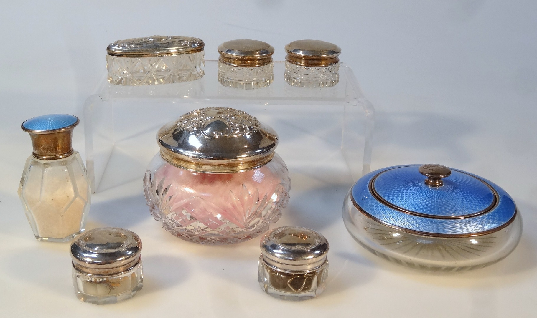 Appraisal: Various silver and enamel dressing table pieces to include a