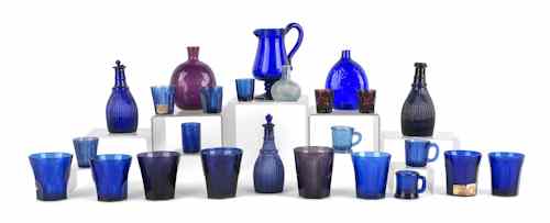 Appraisal: Group of colored glass to include three cobalt cruets th