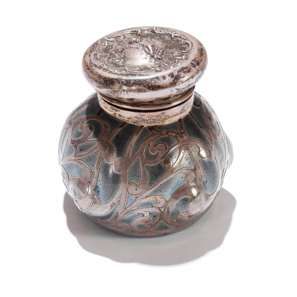 Appraisal: Loetz Iridescent Lidded Jar with Sterling Overlay Loetz Iridescent Lidded