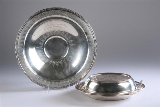 Appraisal: TWO SPORTING TROPHIES One Sheffield plate covered entree dish lid