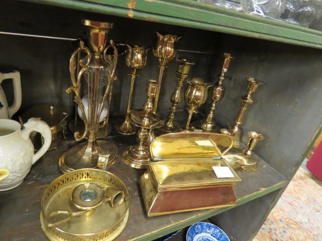 Appraisal: pcs Brass candlesticks box chamberstick hourglass and more