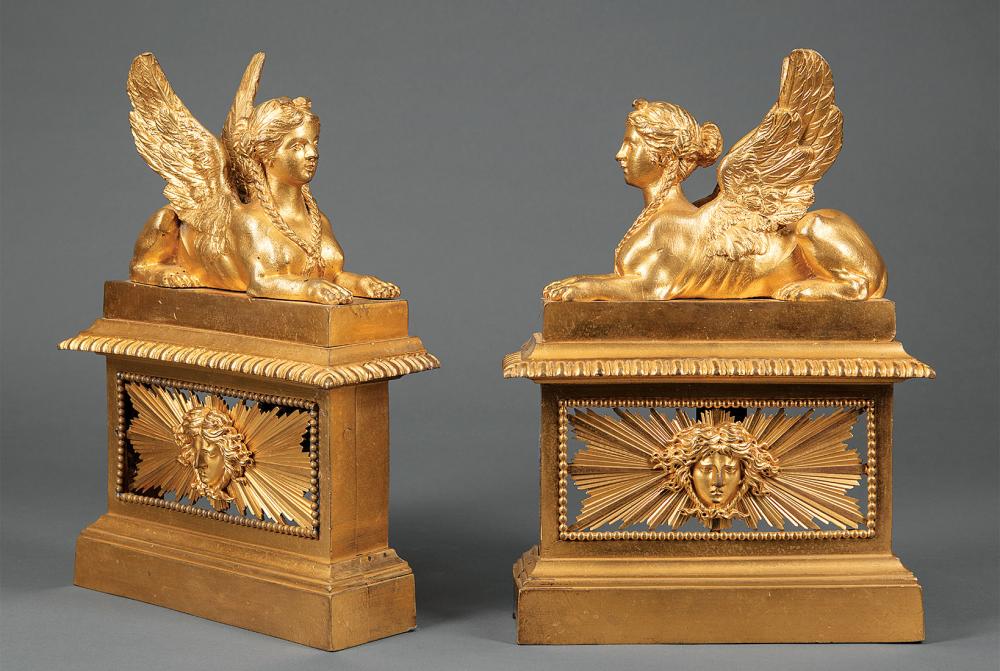 Appraisal: Pair of Antique French Gilt Bronze Sphinx Chenets th c