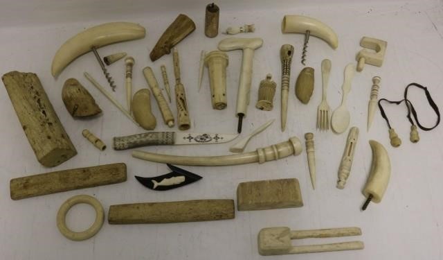 Appraisal: APPROXIMATELY PIECES OF CARVED WHALEBONE WHALES TEETH HORN CORKSCREWS SEWING