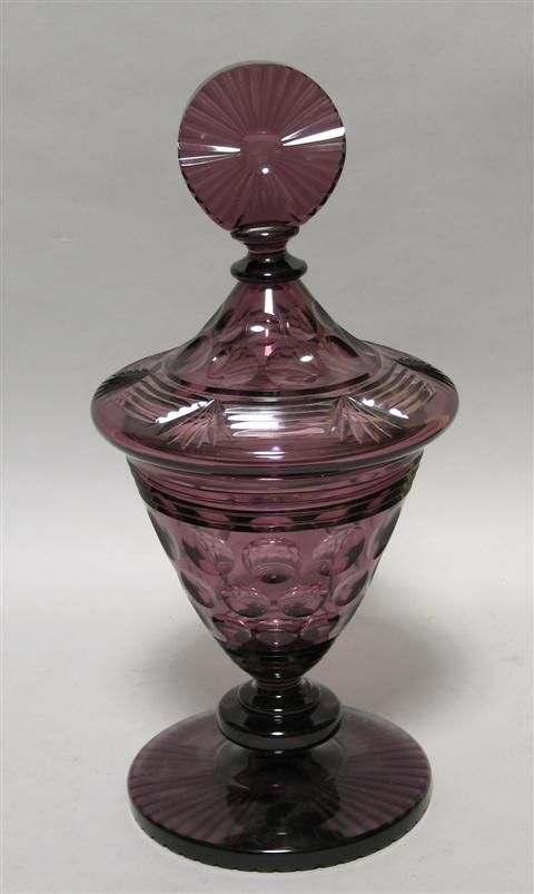 Appraisal: AMETHYST GLASS COVERED SWEETMEAT DISH Printed and acid etched Steuben