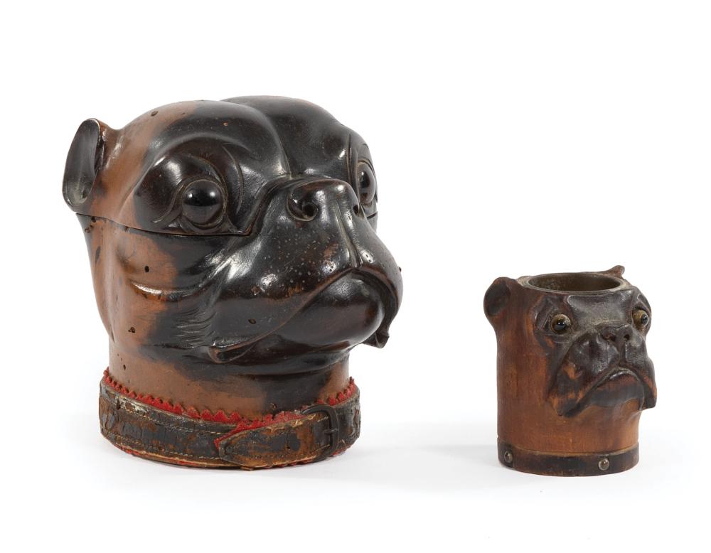 Appraisal: Antique English Carved Bulldog Inkwell and Match Strike c hinged