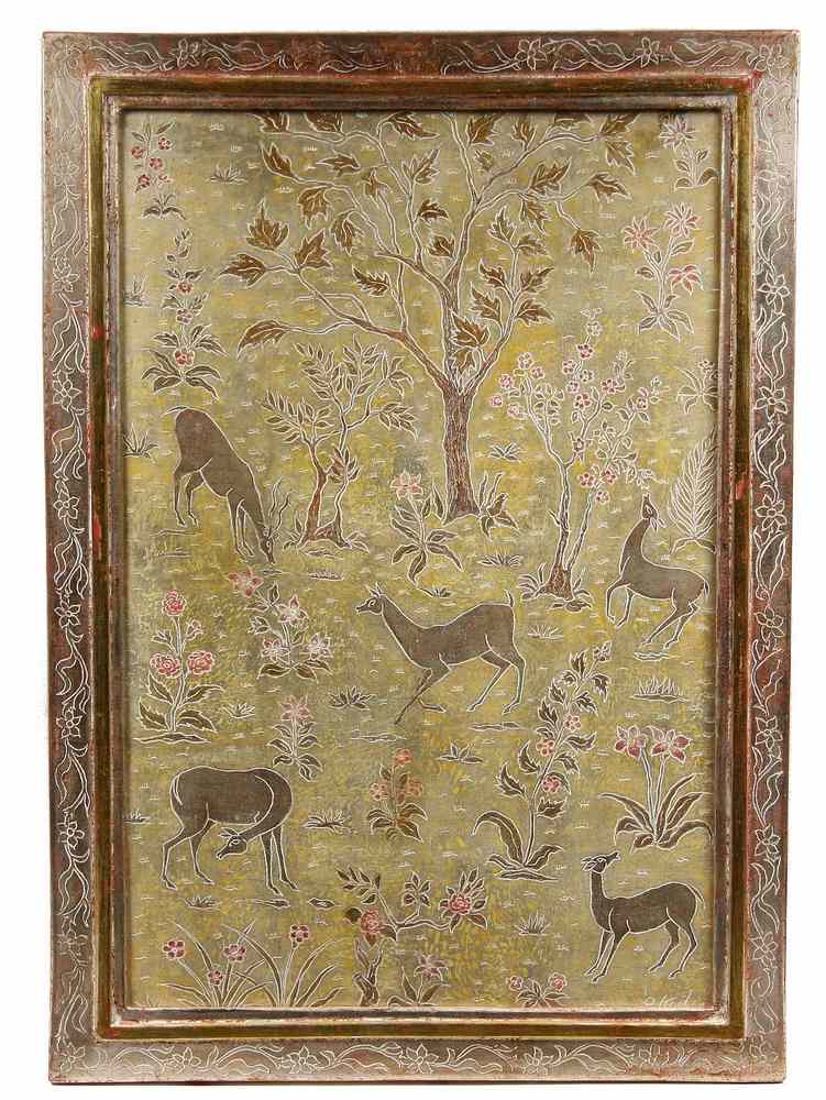 Appraisal: DECORATIVE PANEL - Decorative Engraved Painted Gesso Panel of Deer