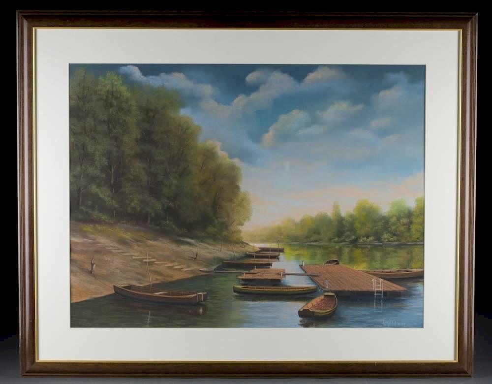 Appraisal: Istvan Remete Boats on dock pastel on paper Remete Istvan