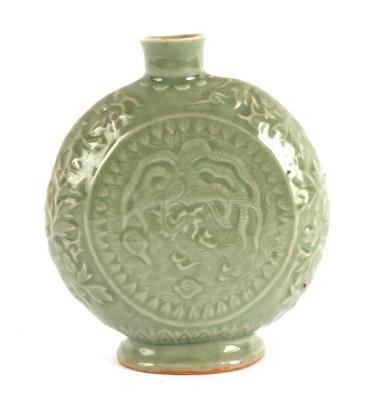 Appraisal: A Chinese celadon moon flask with relief moulded decoration of