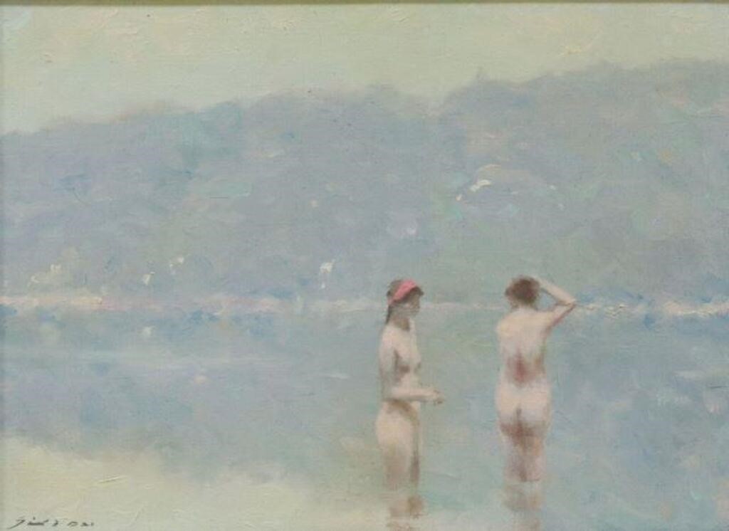 Appraisal: Framed oil on canvas painting The Bathers signed lower left