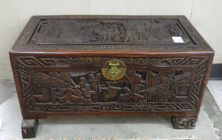 Appraisal: CARVED CAMPHOR WOOD BLANKET CHEST Chinese export Wing On Company