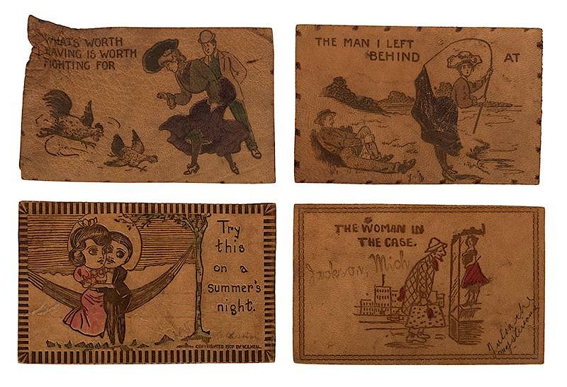 Appraisal: Collection of Leather Postcards Humor Risqu Travel Collection of Leather