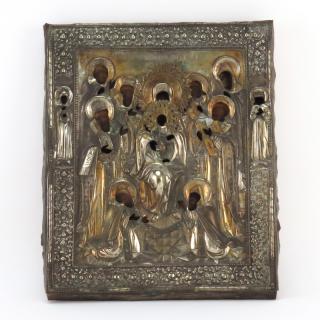 Appraisal: th Century Hand Painted Wood Icon With Silvered Brass Overlay