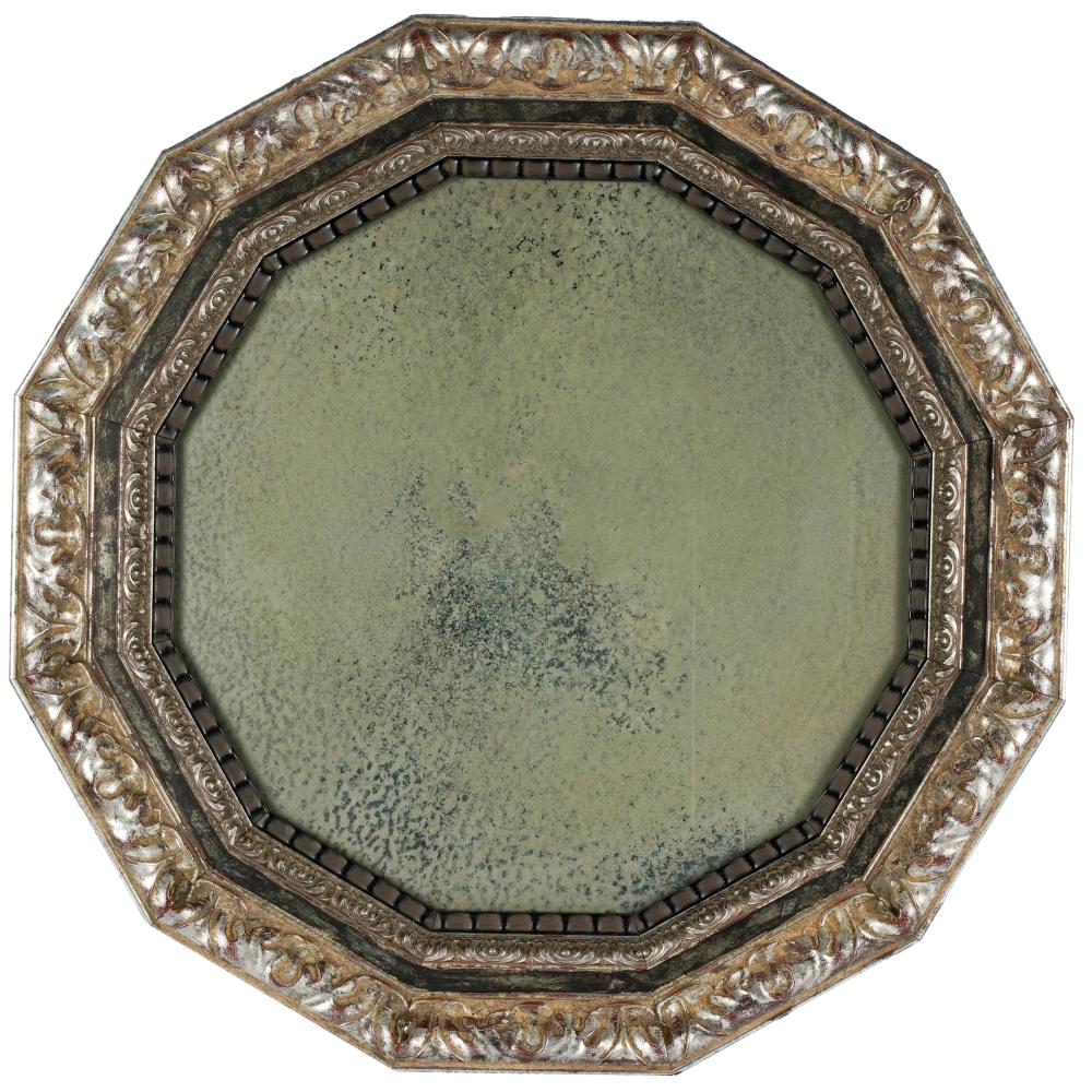 Appraisal: CARVED SILVER-PAINTED WALL MIRRORdodecahedronal with antiqued mirror plate inches diameter