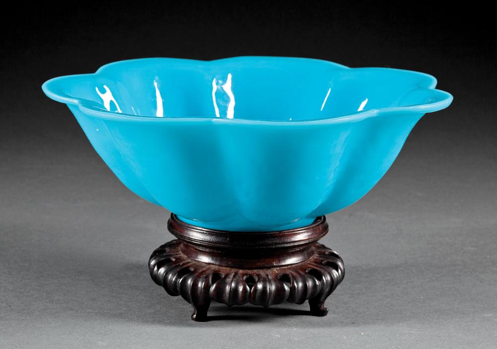 Appraisal: Chinese Opaque Turquoise Blue Flori-Form Glass Bowl early th c