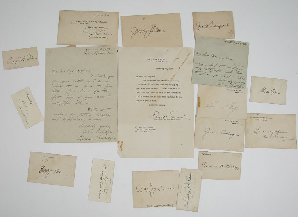 Appraisal: EIGHTEEN SIGNATURES OF CALVIN COOLIDGE'S CABINET MEMBERS Mostly on cards