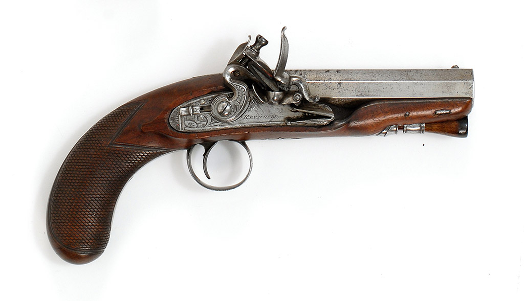 Appraisal: REYNOLDS ENGLISH FLINTLOCK PISTOL Approx cal Barrel and lock plate