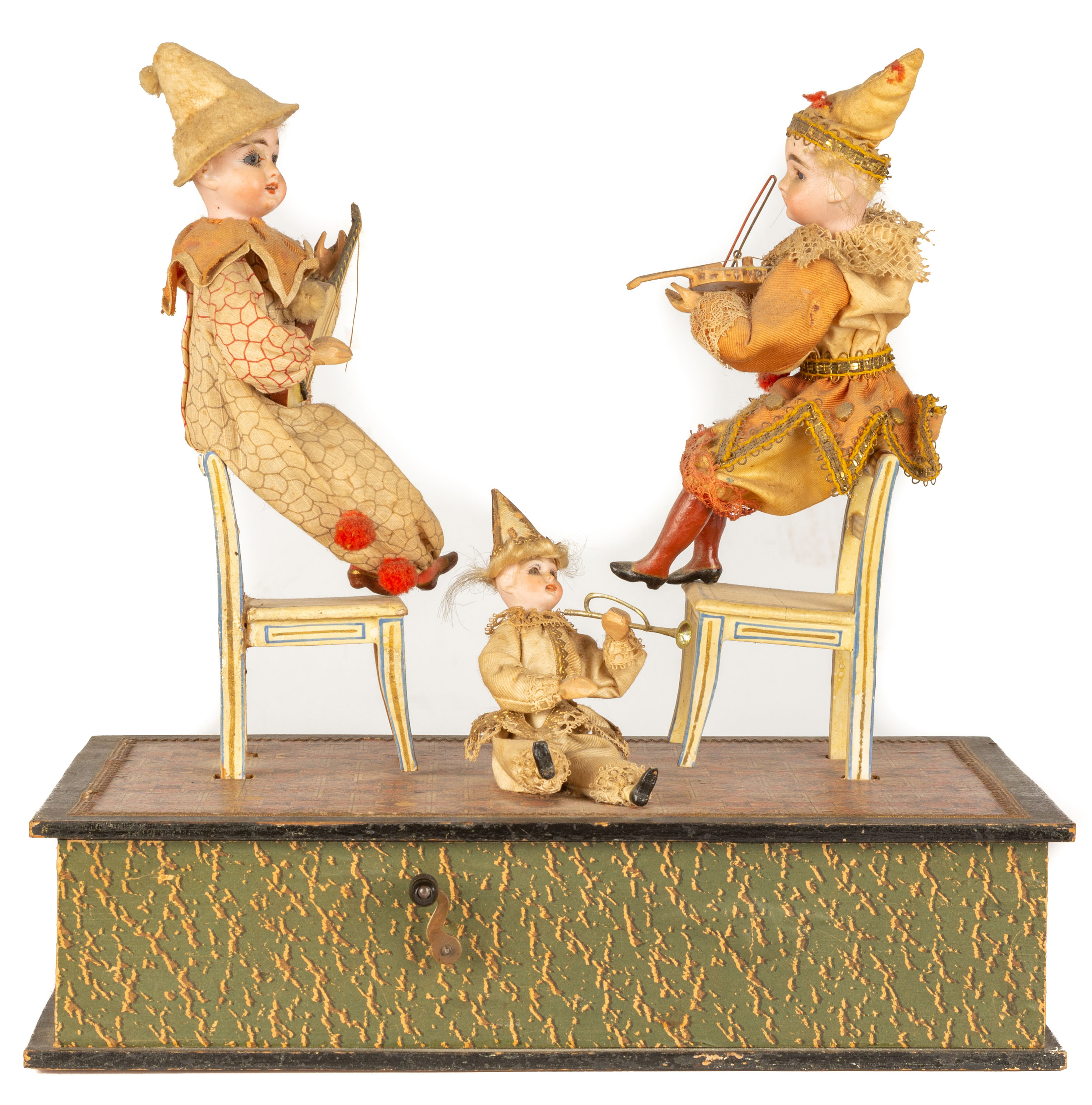 Appraisal: TH CENTURY MUSICAL AUTOMATON WITH CLOWNS Wood cloth dolls with