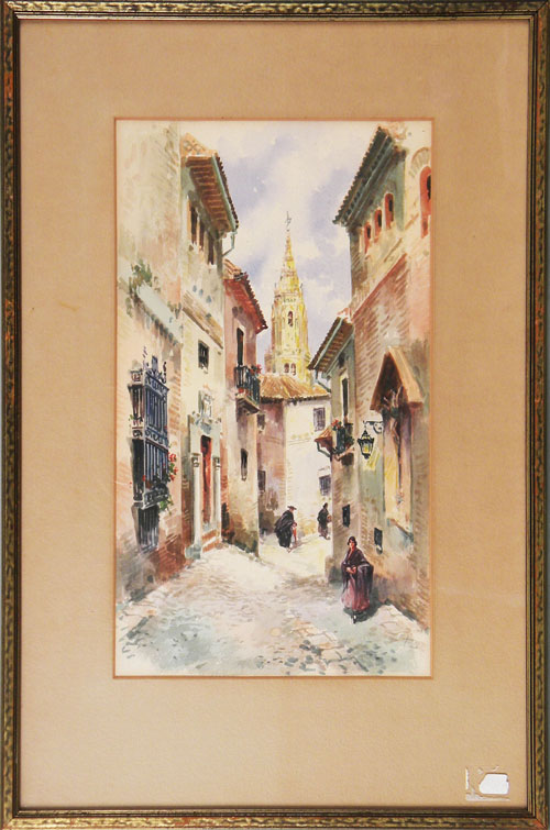 Appraisal: European watercolor street scene x together with an Andrea Biodetti