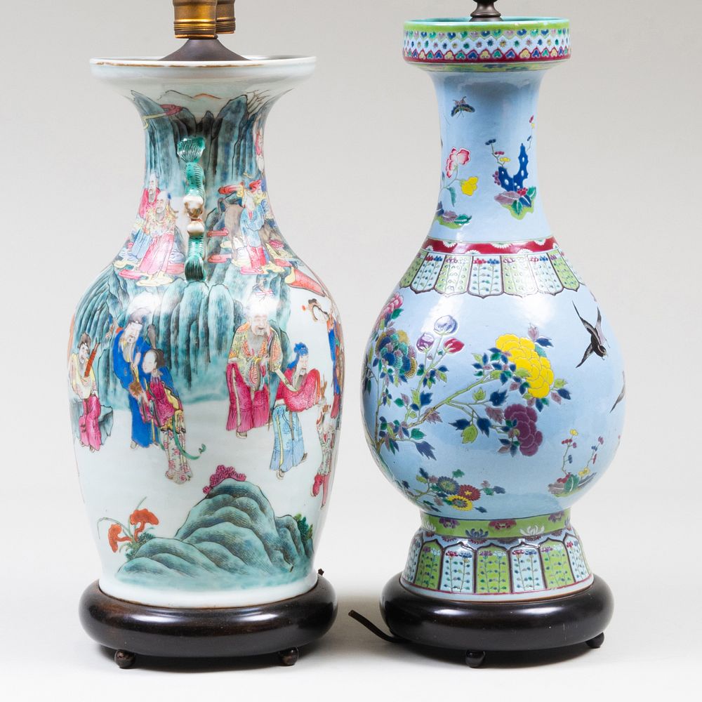 Appraisal: Two Chinese Famille Rose Porcelain Vases Mounted as Lamps The