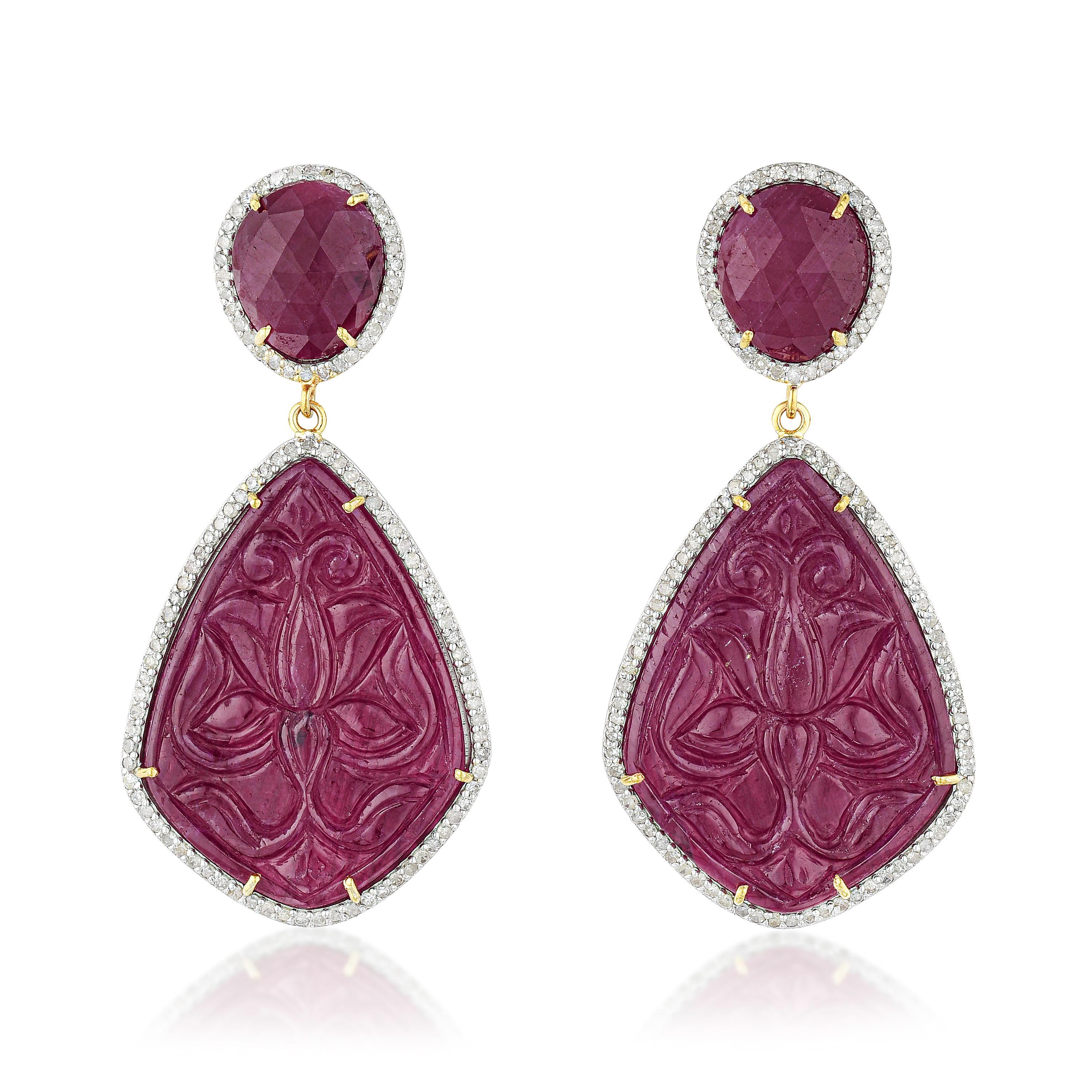 Appraisal: CARVED RUBY AND DIAMOND EARRINGS METAL silver with K gold