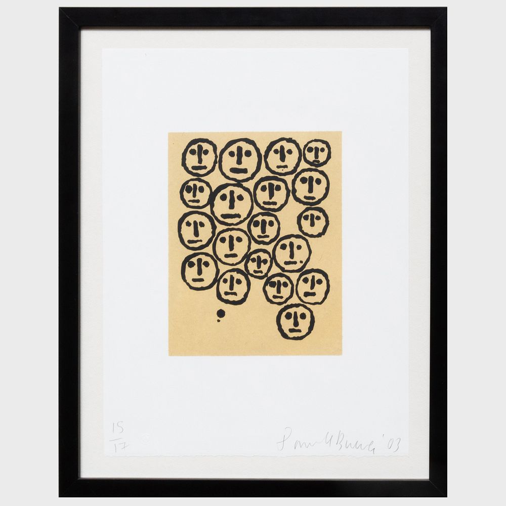 Appraisal: Donald Baechler b The Benefit Crowd Linocut in colors on