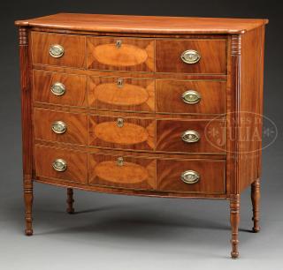 Appraisal: TRANSITIONAL INLAID MAHOGANY BOWFRONT CHEST OF DRAWERS TRANSITIONAL INLAID MAHOGANY