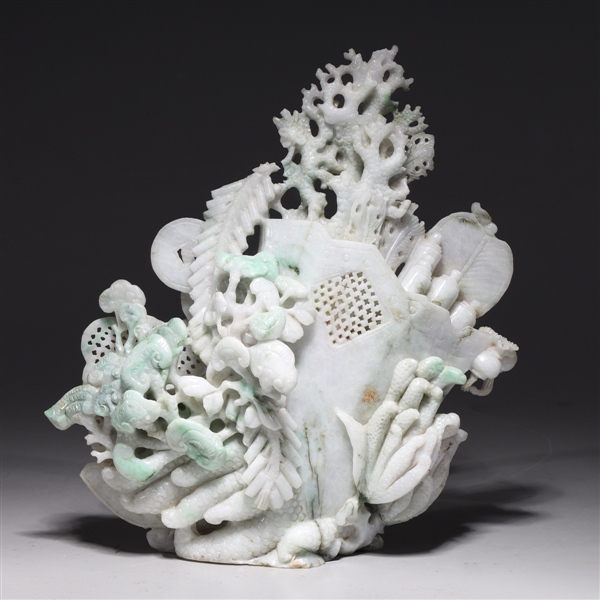 Appraisal: Elaborate Chinese jadeite carving with fungus Buddha's hands citron fruit