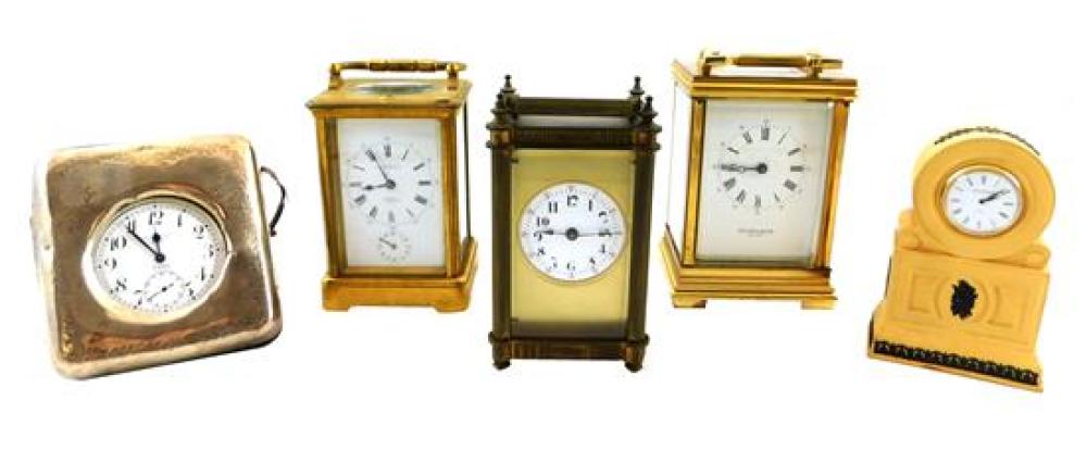 Appraisal: CLOCKS Wedgwood etc five small clocks including brass carriage sterling