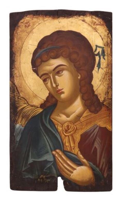 Appraisal: Greek Orthodox tempera painting on canvas mounted to wood panel