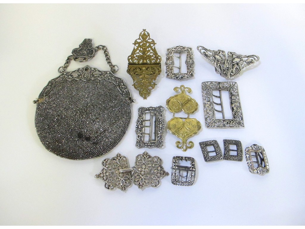 Appraisal: A lot comprising a metal mesh purse and assorted buckles