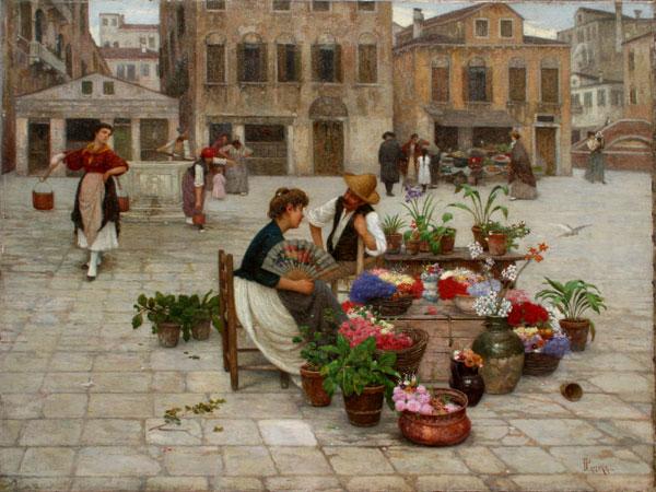 Appraisal: PASTEGA Luigi Italian - Courtyard Scene with Flower Sellers And