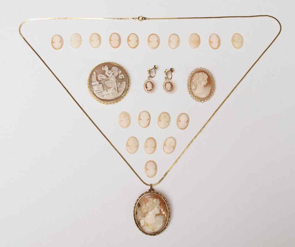 Appraisal: CARVED SHELL CAMEO COLLECTION To include a K framed full