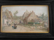 Appraisal: A watercolour of a village scene x cm an oil