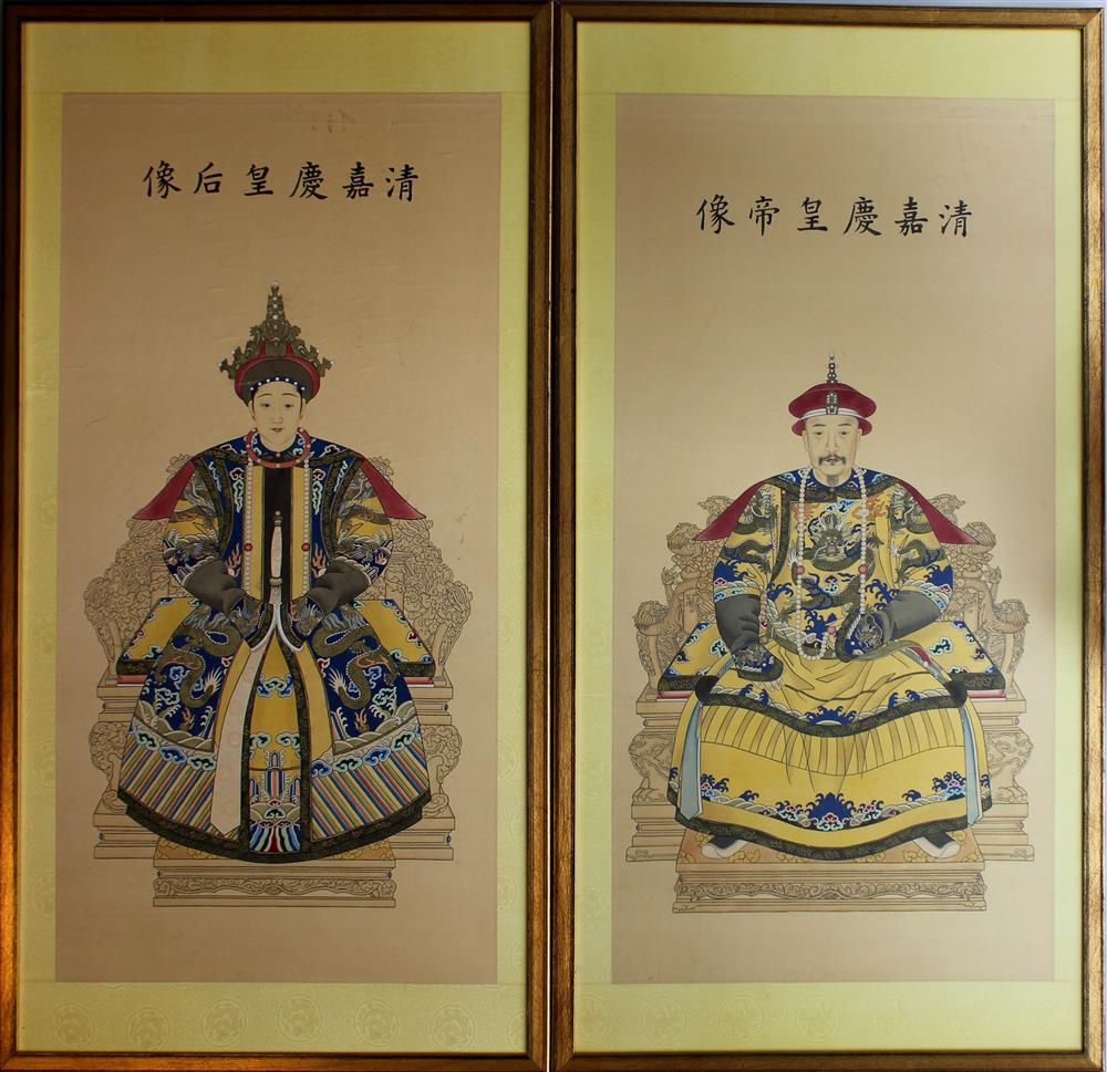 Appraisal: PAIR OF CHINESE ANCESTOR PORTRAITS each with calligraphic inscription across