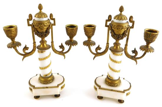 Appraisal: Pair of Empire three-light candelabras alabaster and ormolu central cups