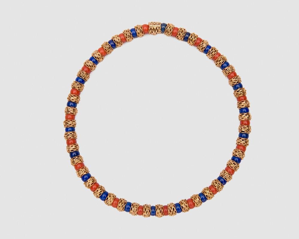 Appraisal: BUCHERER K Yellow Gold Lapis and Coral Necklace BUCHERER K