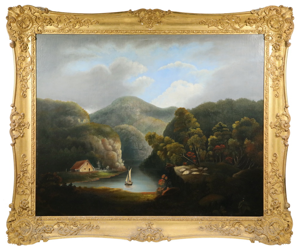 Appraisal: HUDSON RIVER STYLE PAINTING Valley View with Boat and Cottage