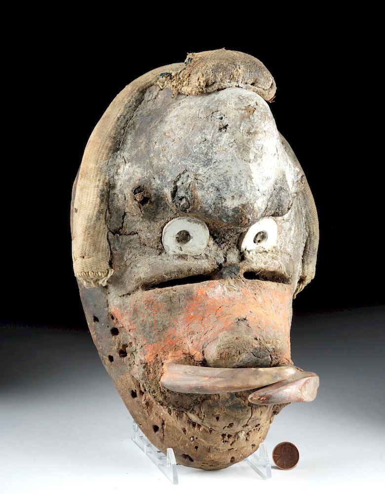 Appraisal: th C Dan Gere Wood Textile Mask w Boar Tusks